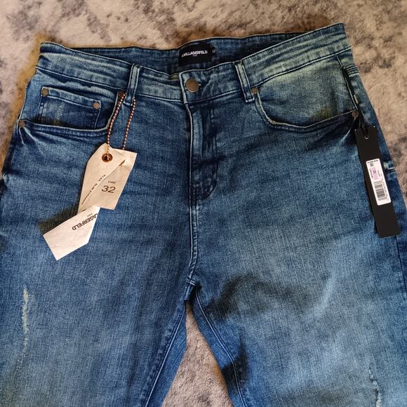 Karl Lagerfeld Paris Jeans Mens 32x31 KL65 Indigo Blue Distressed Stretch - Picture 2 of 8
